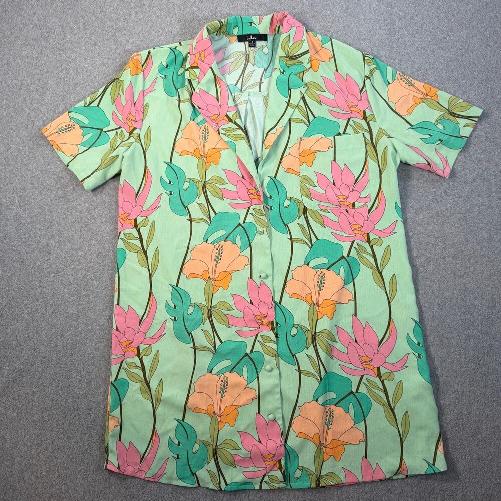 Lulus Women's Small Totally Tropical Light Green Floral Button Up Shirt Dress